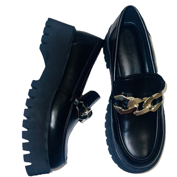 Stradivarius Chunky Lug Sole Loafers Black Gold Chain Platform EU 39/ US 8.5 - Picture 4 of 9